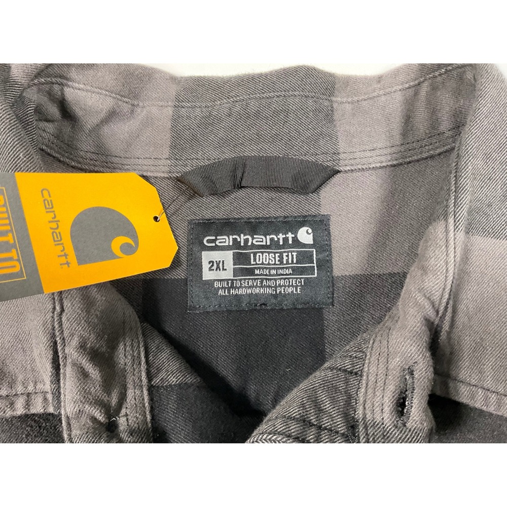 Carhartt Mens 2XL Loose Fit Heavyweight Flannel Long Sleeve Plaid Shirt Gravel - Picture 4 of 15